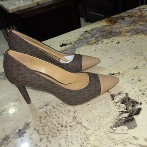 Michael Kors Brown Logo Pointed Toe Pumps with Tan Cap Toe